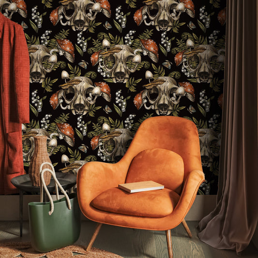 Dark Maximalist Wallpaper Skull and Mushroom Wallpaper Peel and Stick and Traditional Wallpaper - D833