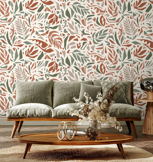 Taupe Leaf Wallpaper Abstract Wallpaper Peel and Stick and Traditional Wallpaper - D723