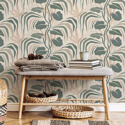 Tropical Green Leaves Wallpaper Boho Wallpaper Peel and Stick and Traditional Wallpaper - D720