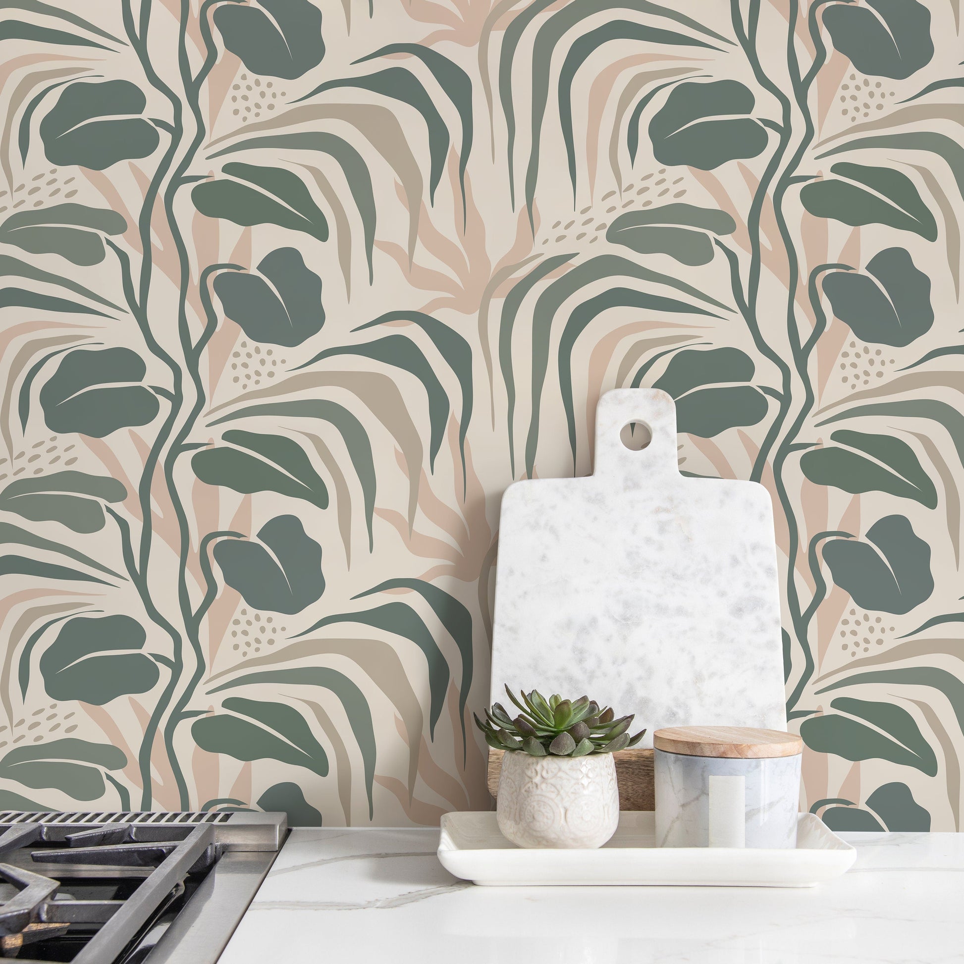 Tropical Green Leaves Wallpaper Boho Wallpaper Peel and Stick and Traditional Wallpaper - D720