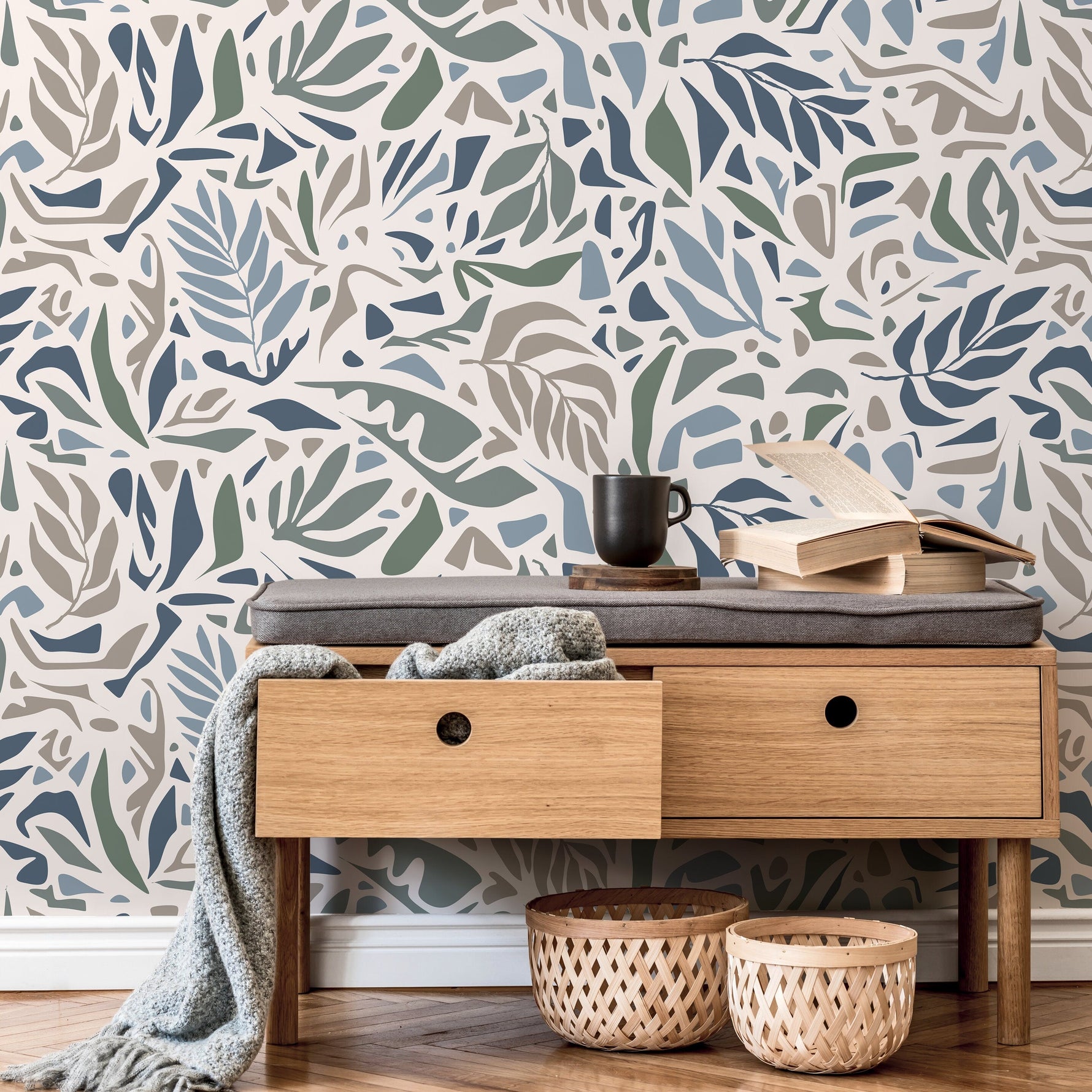 Abstract Leaf Wallpaper Modern Wallpaper Peel and Stick and Traditional Wallpaper - D722