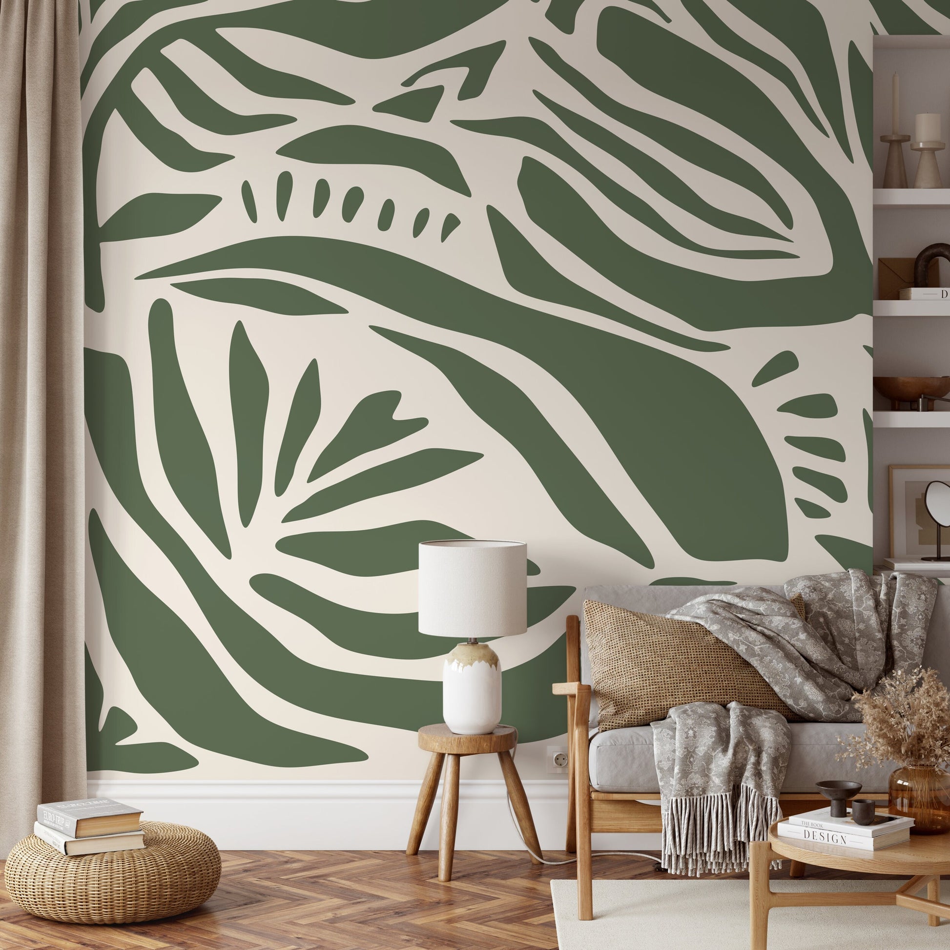 Olive Green Abstract Art Wallpaper Large Boho Wallpaper Peel and Stick and Traditional Wallpaper - D628