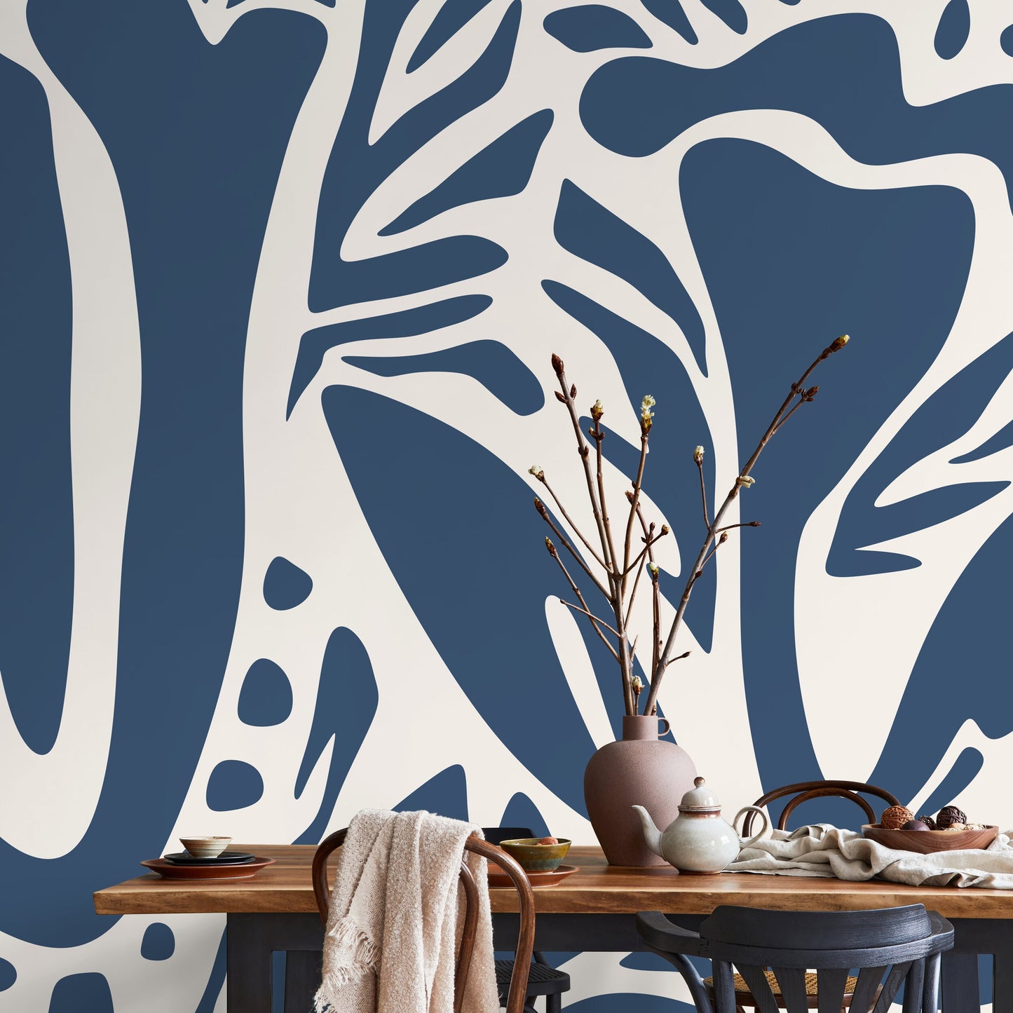 Dark Blue and Beige Abstract Wallpaper Large Modern Wallpaper Peel and Stick and Traditional Wallpaper - D633