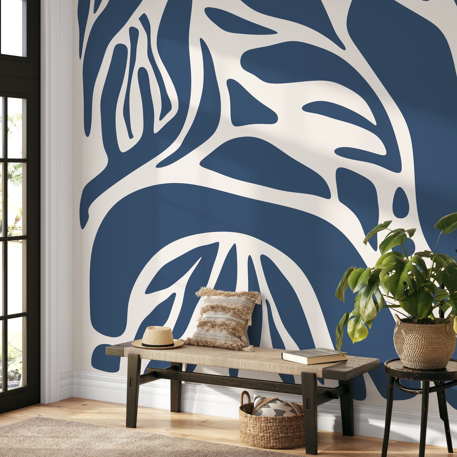 Dark Blue and Beige Abstract Wallpaper Large Modern Wallpaper Peel and Stick and Traditional Wallpaper - D633