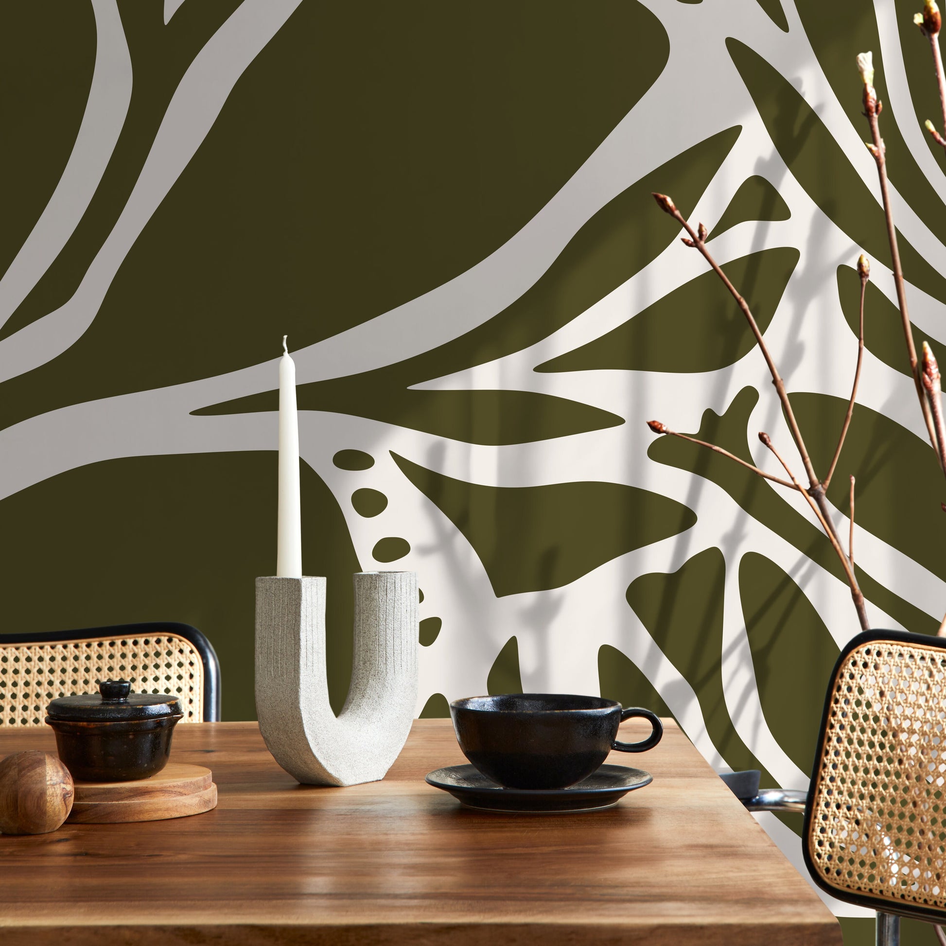 Green Abstract Art Wallpaper Large Boho Wallpaper Peel and Stick and Traditional Wallpaper - D636
