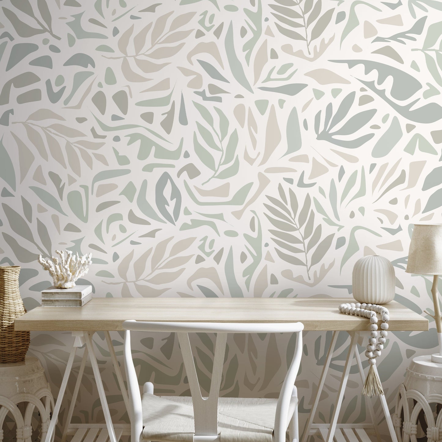 Neutral Leaf Wallpaper Abstract Wallpaper Peel and Stick and Traditional Wallpaper - D724