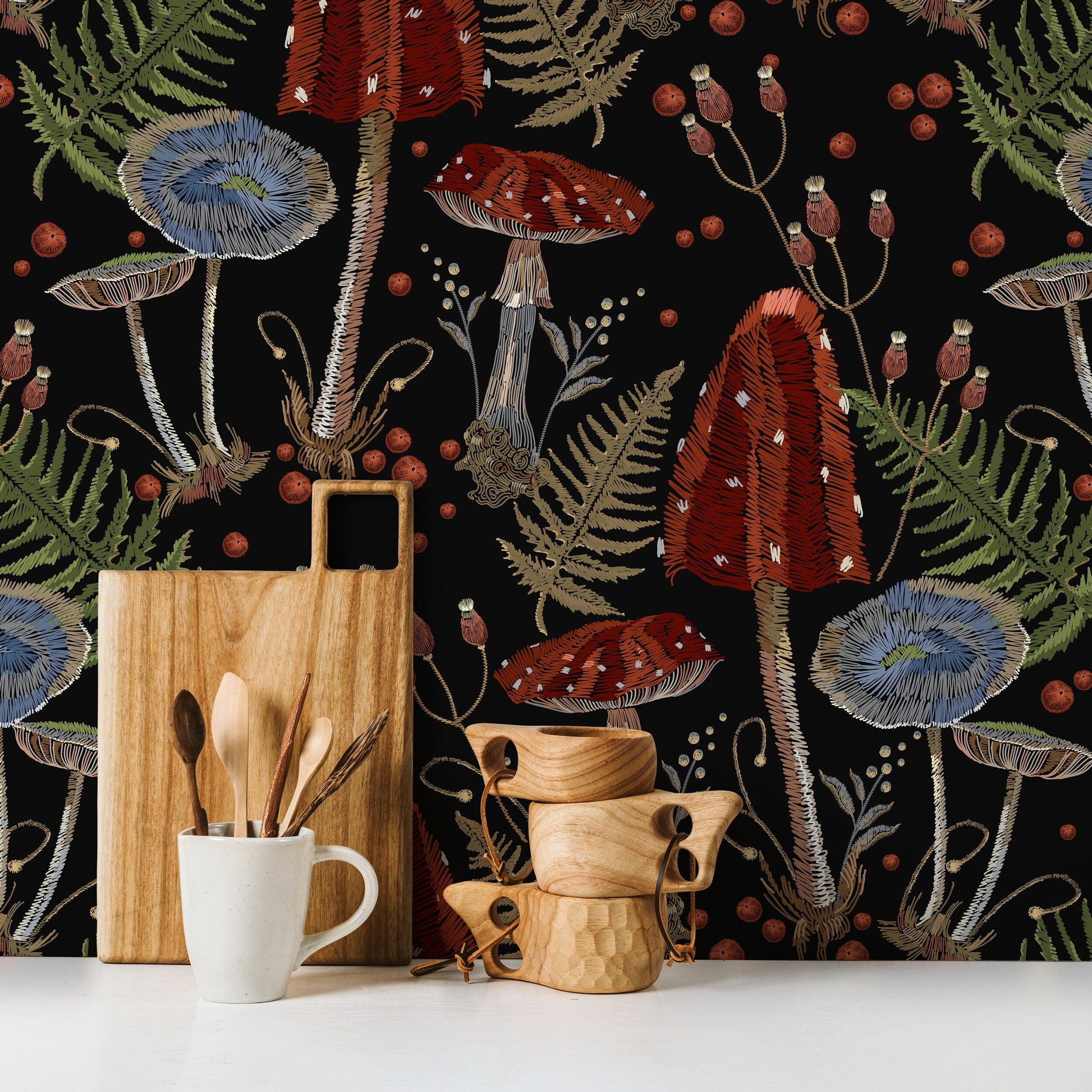 Mushroom Wallpaper Dark Floral Wallpaper Peel and Stick and Traditional Wallpaper - D813