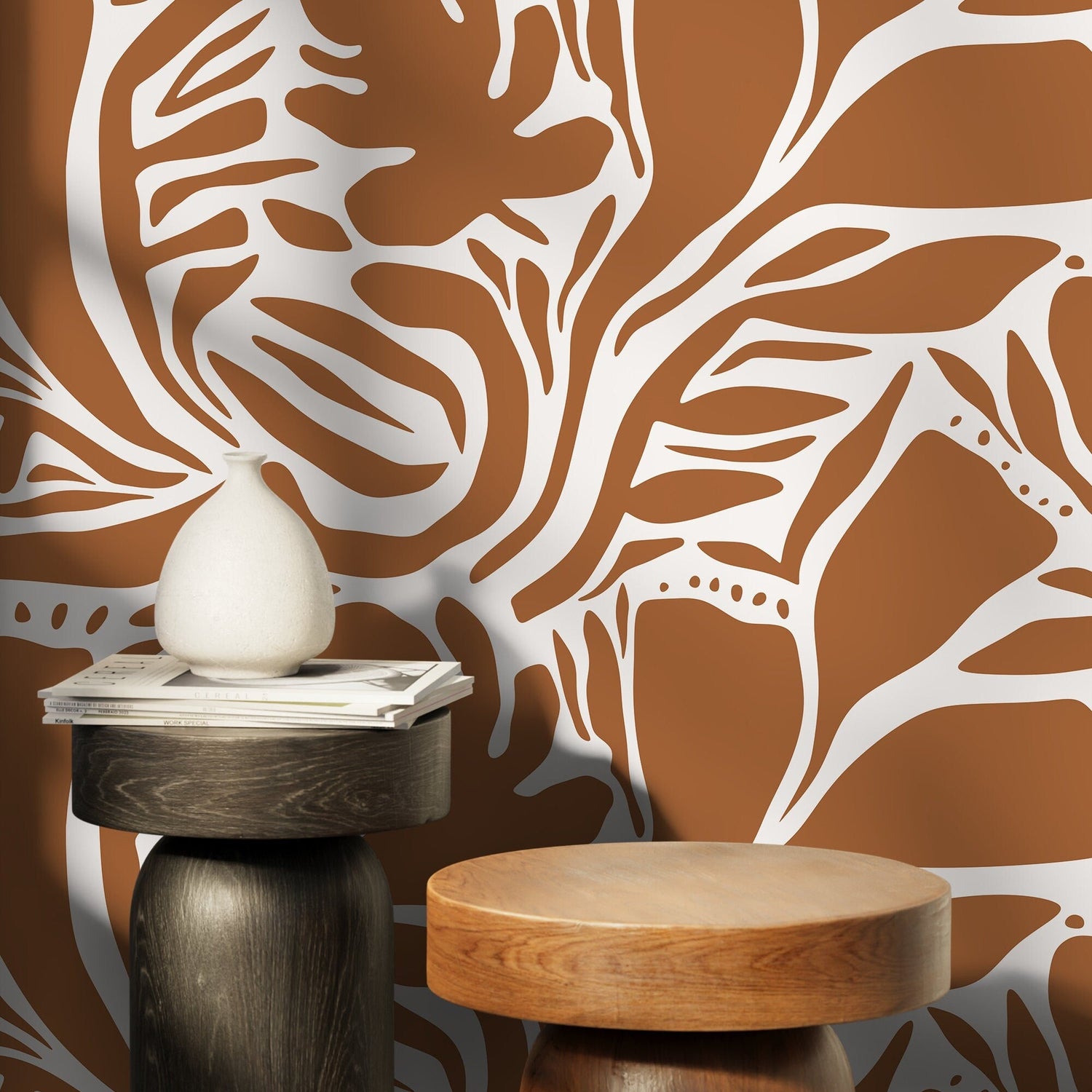 Orange Abstract Leaf Wallpaper Modern Wallpaper Peel and Stick and Traditional Wallpaper - D641