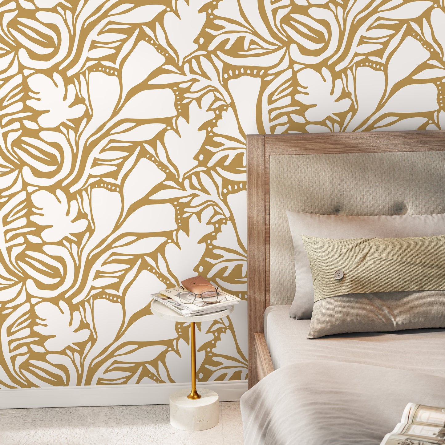 Yellow Abstract Leaf Wallpaper Modern Wallpaper Peel and Stick and Traditional Wallpaper - D642