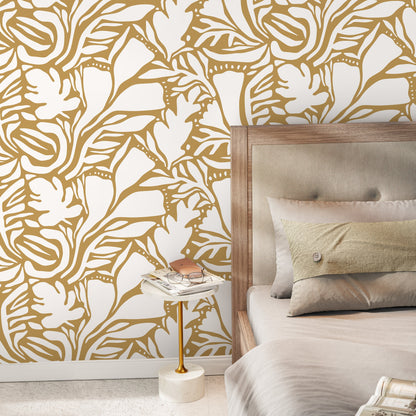 Yellow Abstract Leaf Wallpaper Modern Wallpaper Peel and Stick and Traditional Wallpaper - D642