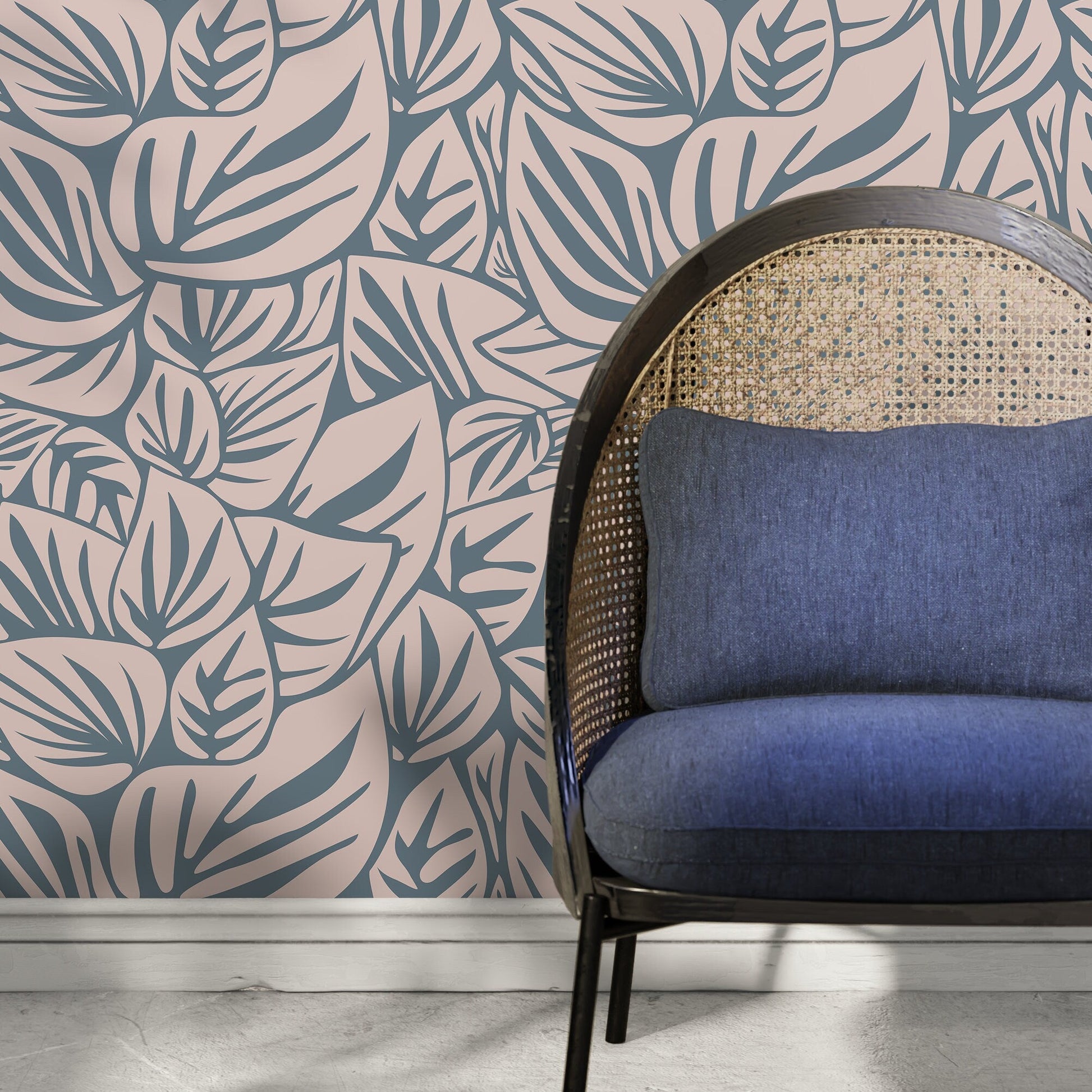 Blue and Beige Leaf Wallpaper Modern Wallpaper Peel and Stick and Traditional Wallpaper - D652