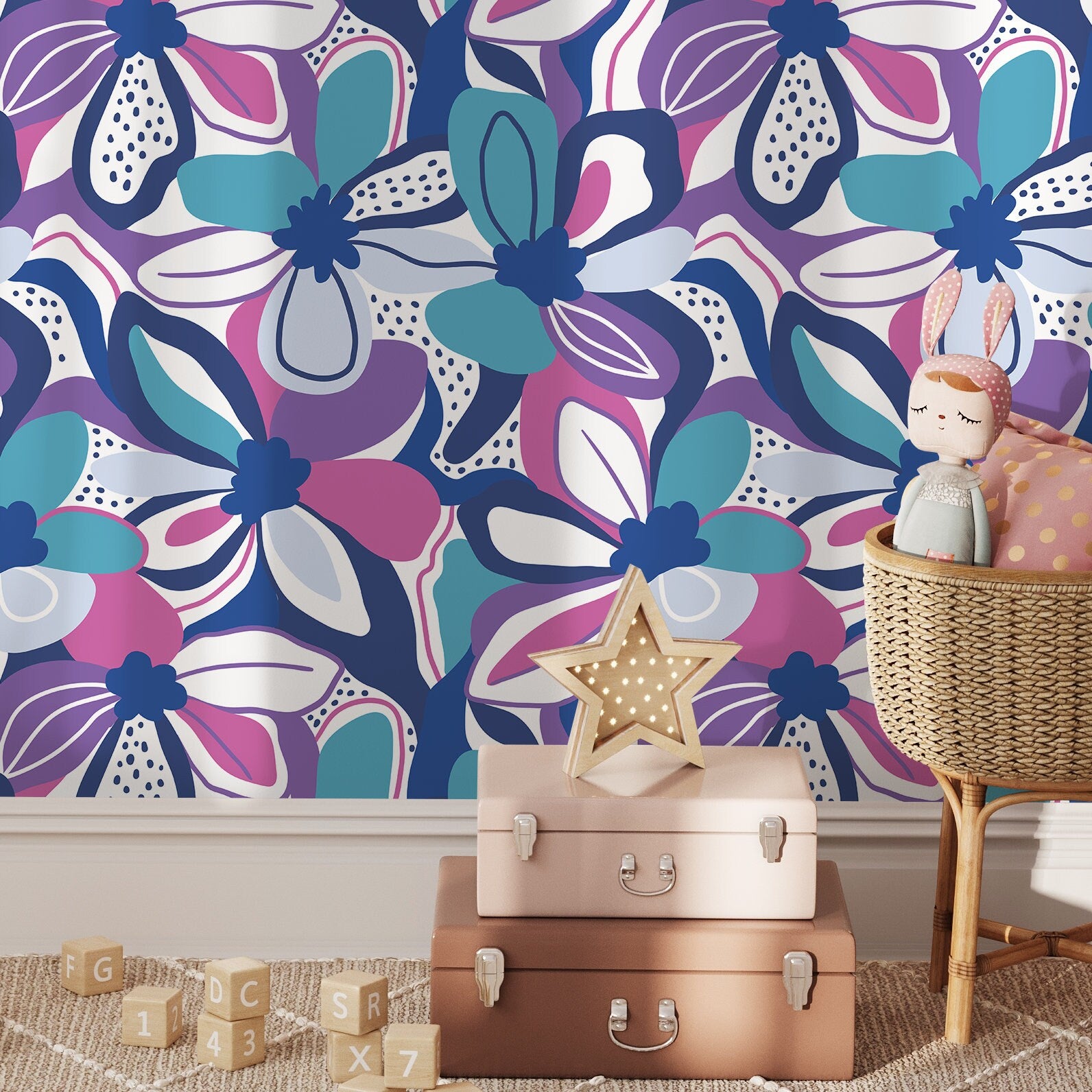 Purple and Blue Floral Wallpaper Fun Wallpaper Peel and Stick and Traditional Wallpaper - D656