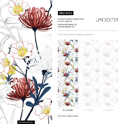 Outline Flowers Wallpaper - Removable Wallpaper Peel and Stick Wallpaper Wall Paper Wall - B432