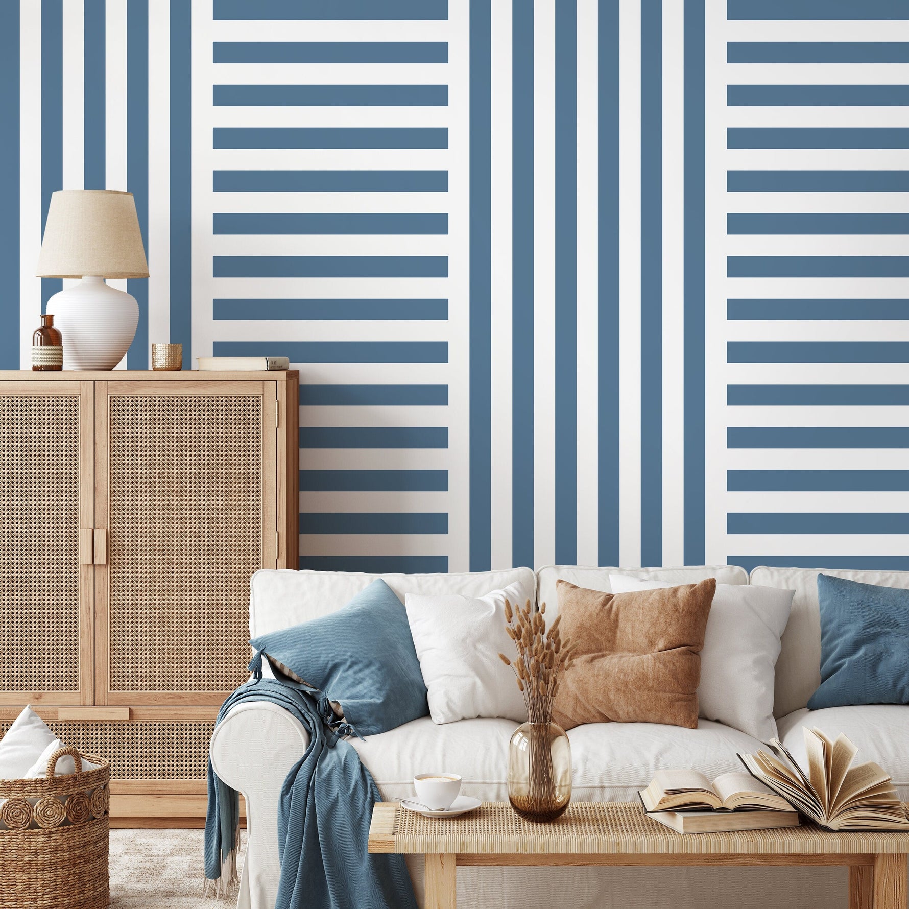 Blue Striped Wallpaper Modern Geometric Wallpaper Peel and Stick and Traditional Wallpaper - D738