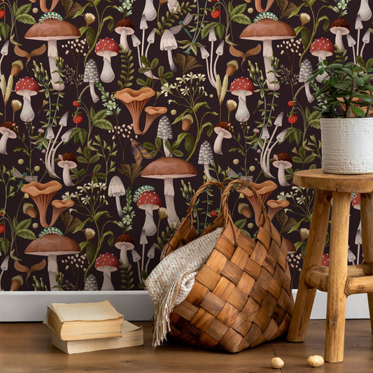 Botanical Mushroom Wallpaper Dark Floral Wallpaper Peel and Stick and Traditional Wallpaper - D816