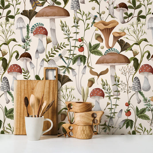 Vintage Mushroom Wallpaper Botanical Wallpaper Peel and Stick and Traditional Wallpaper - D817
