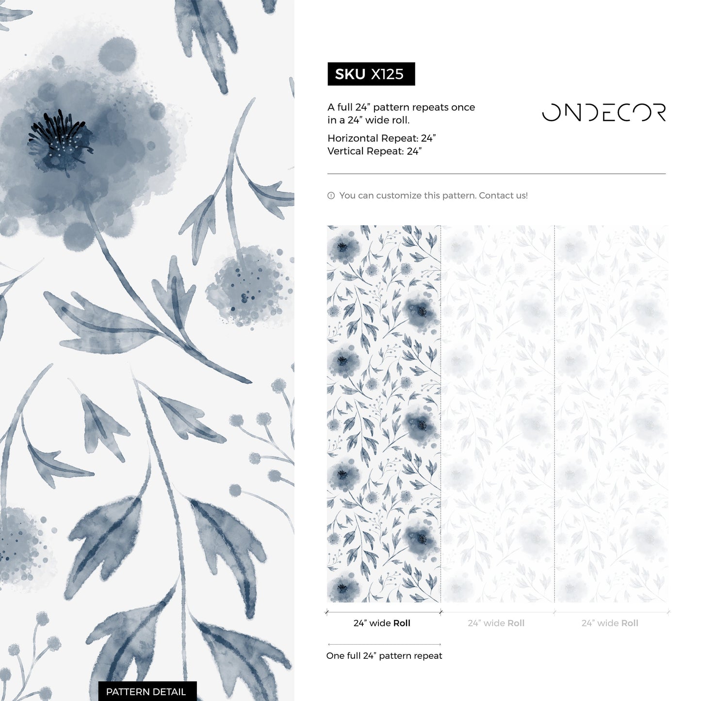 Removable Wallpaper Peel and Stick Wallpaper Wall Paper / Blue Flowers Watercolor - X125