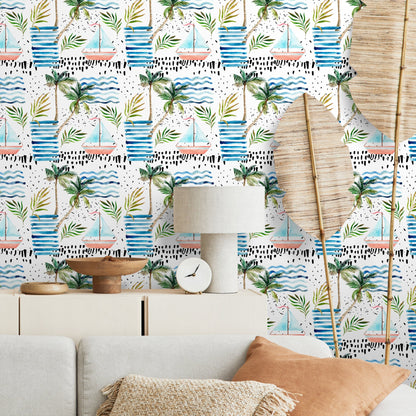 Palm Tree Wallpaper, Removable Wallpaper, Beach Wallpaper, Palm Leaves, Tropical Wall Decor, Jungle Wallpaper - A185