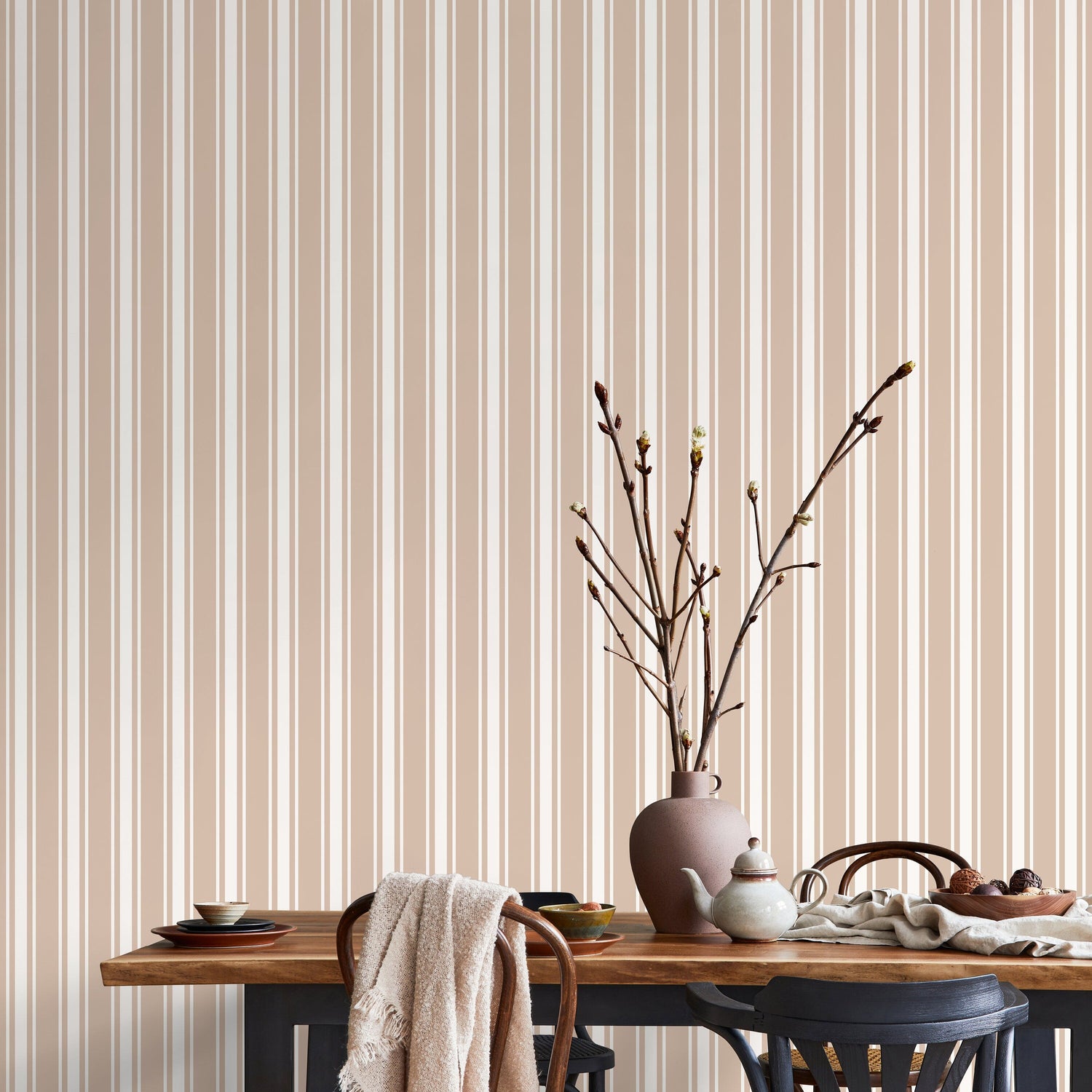 Beige Striped Wallpaper Vintage Wallpaper Peel and Stick and Traditional Wallpaper - D757