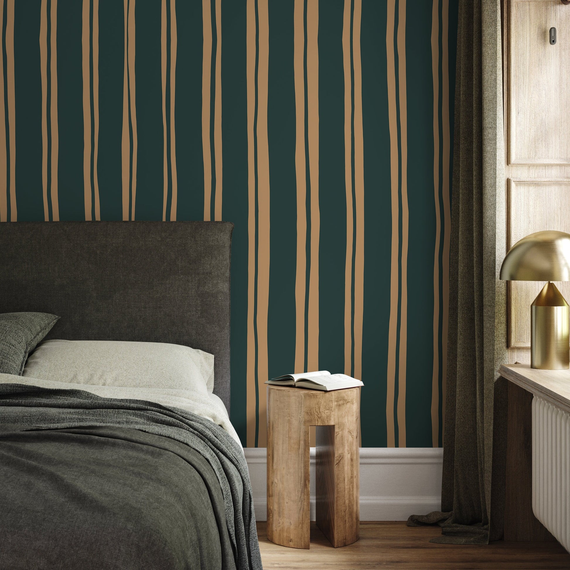 Green and Beige Lines Wallpaper Striped Wallpaper Peel and Stick and Traditional Wallpaper - D766