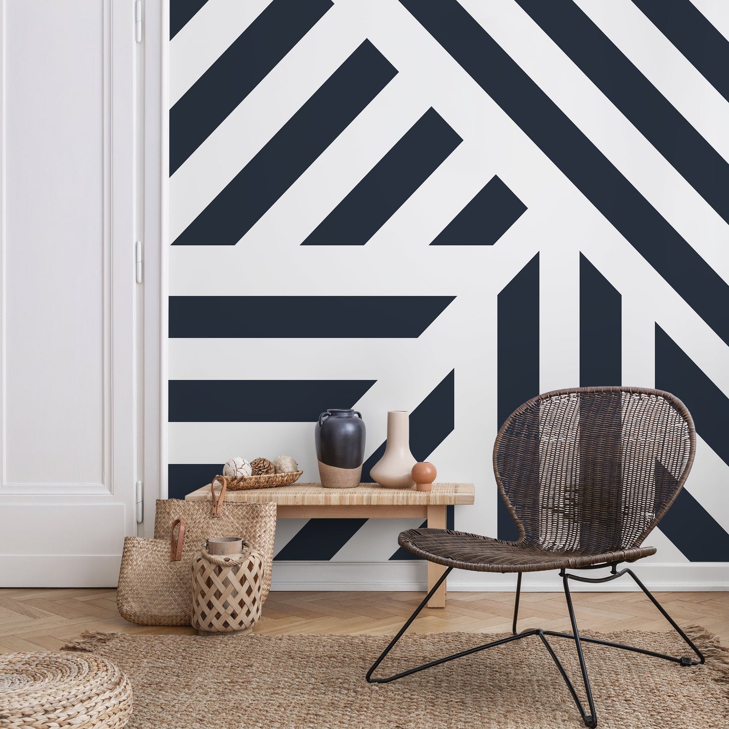 Navy Geometric Wallpaper Modern Striped Wallpaper Peel and Stick and Traditional Wallpaper - D731