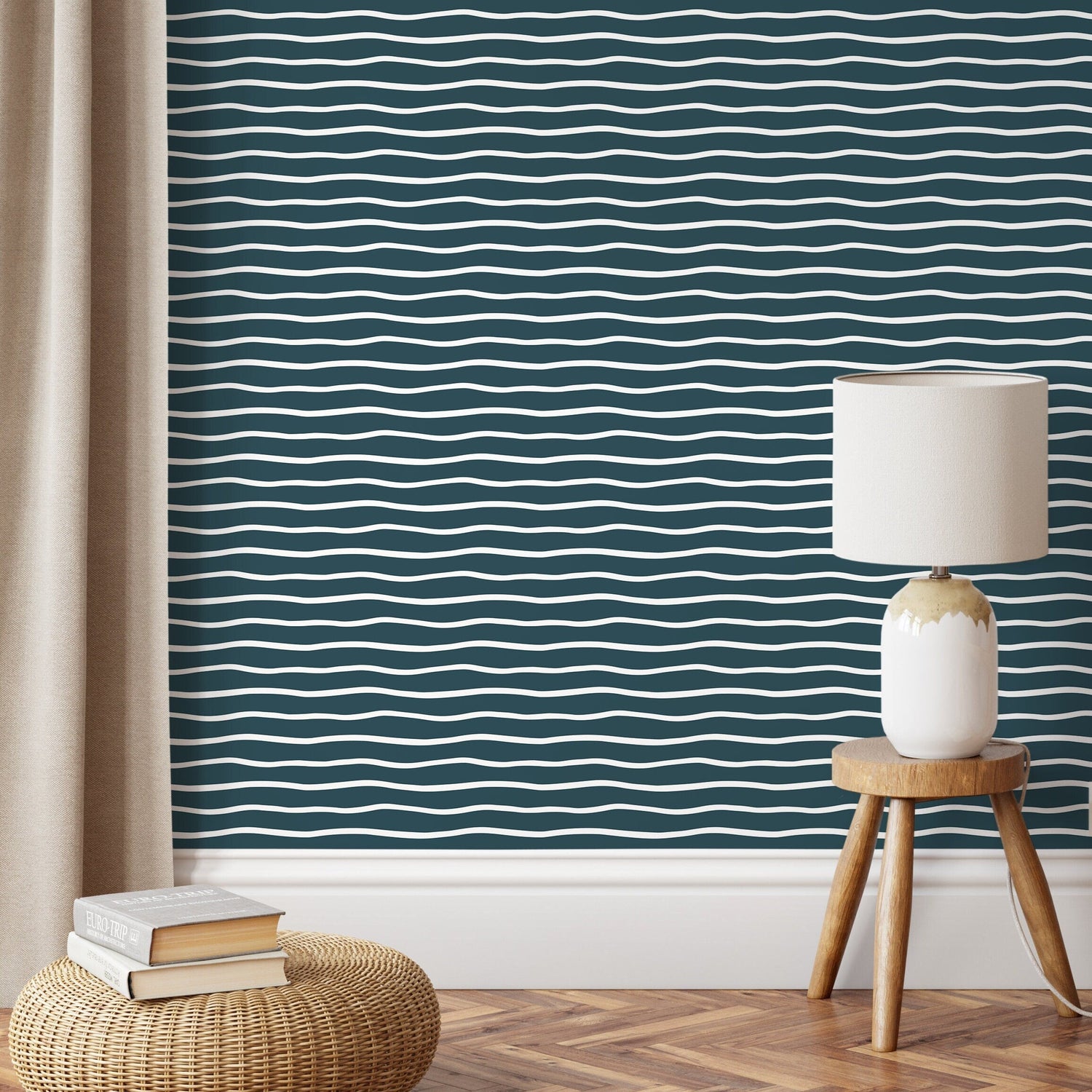Dark Blue Minimalist Lines Wallpaper Boho Wallpaper Peel and Stick and Traditional Wallpaper - D751
