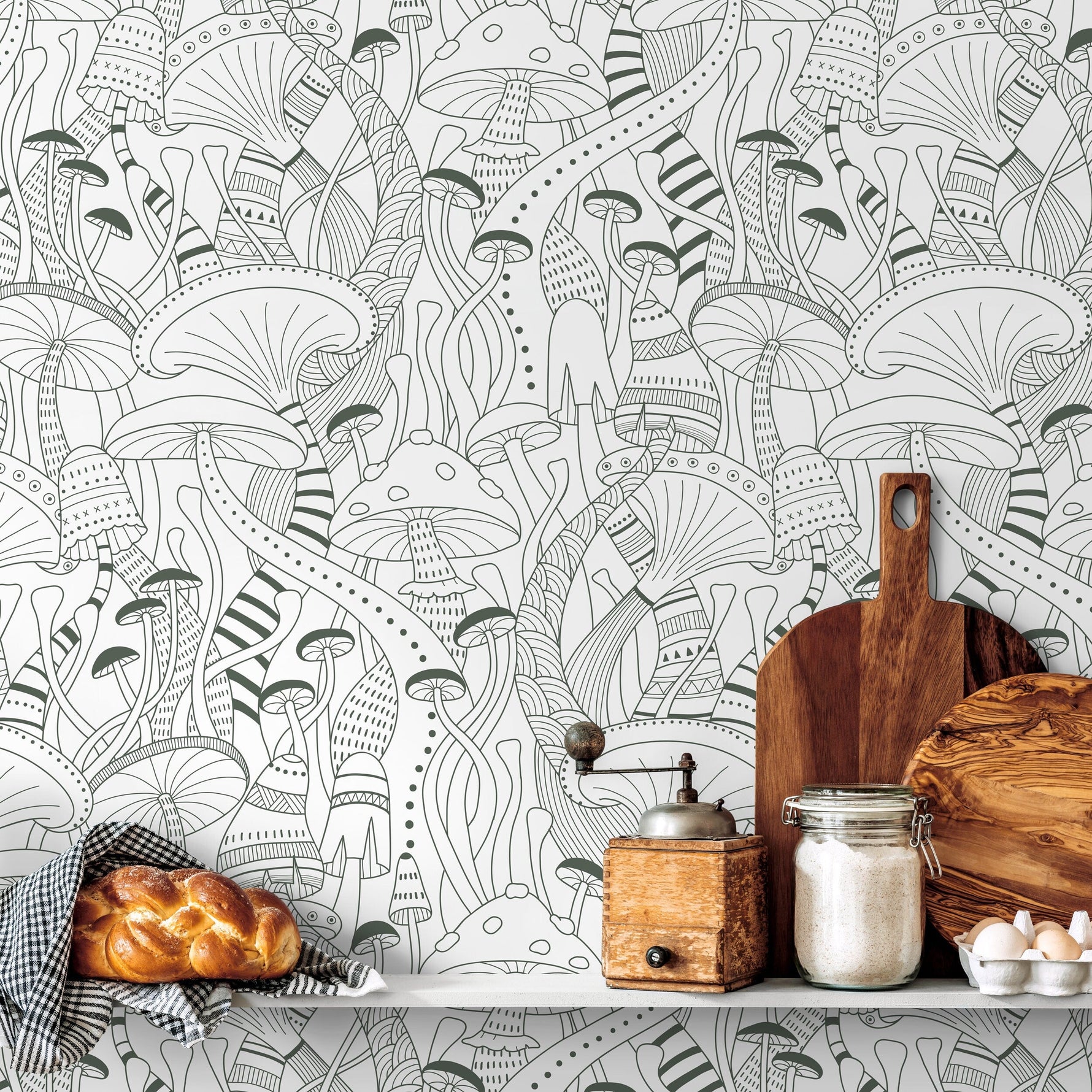 Green Mushroom Wallpaper Modern Peel and Stick and Traditional Wallpaper - D812