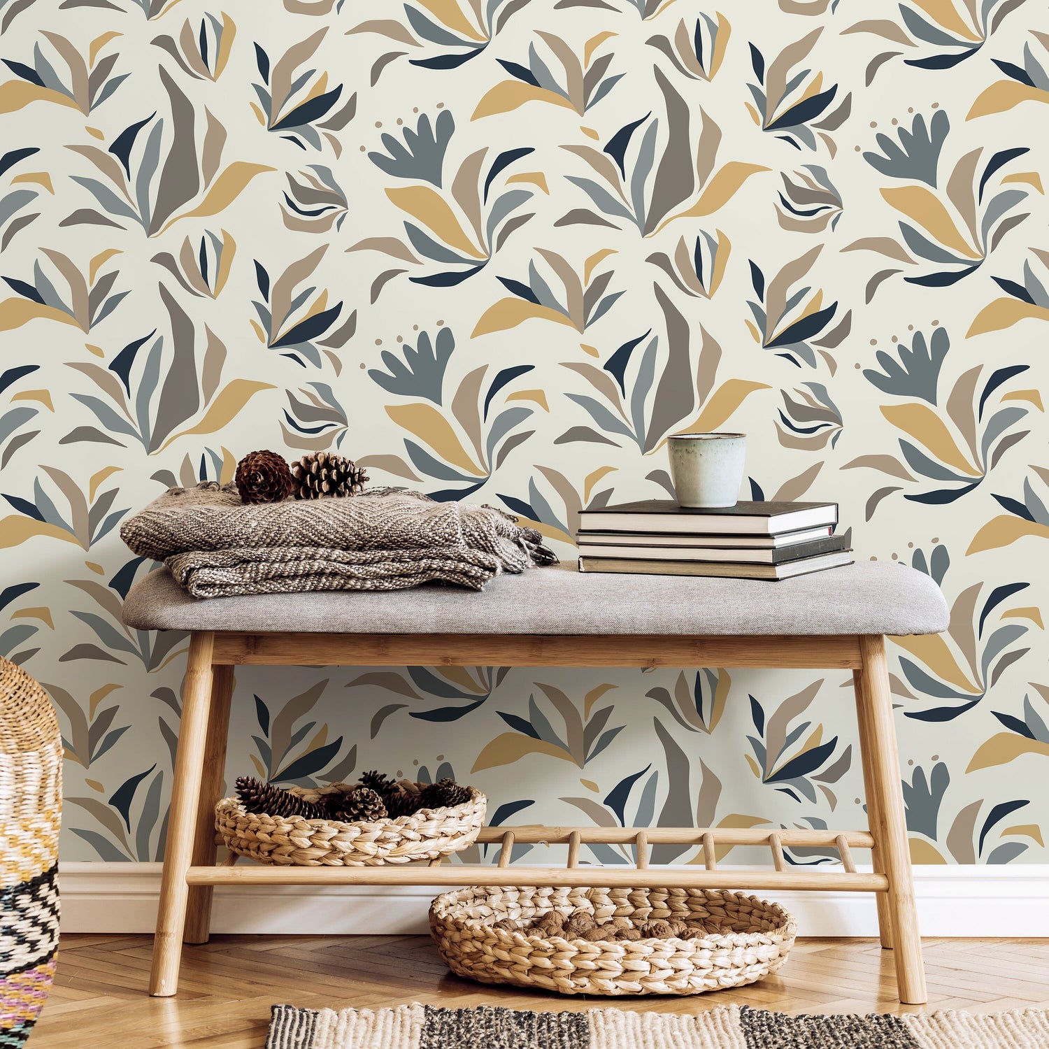 Abstract Floral and Leaf Wallpaper Modern Wallpaper Peel and Stick and Traditional Wallpaper - D725