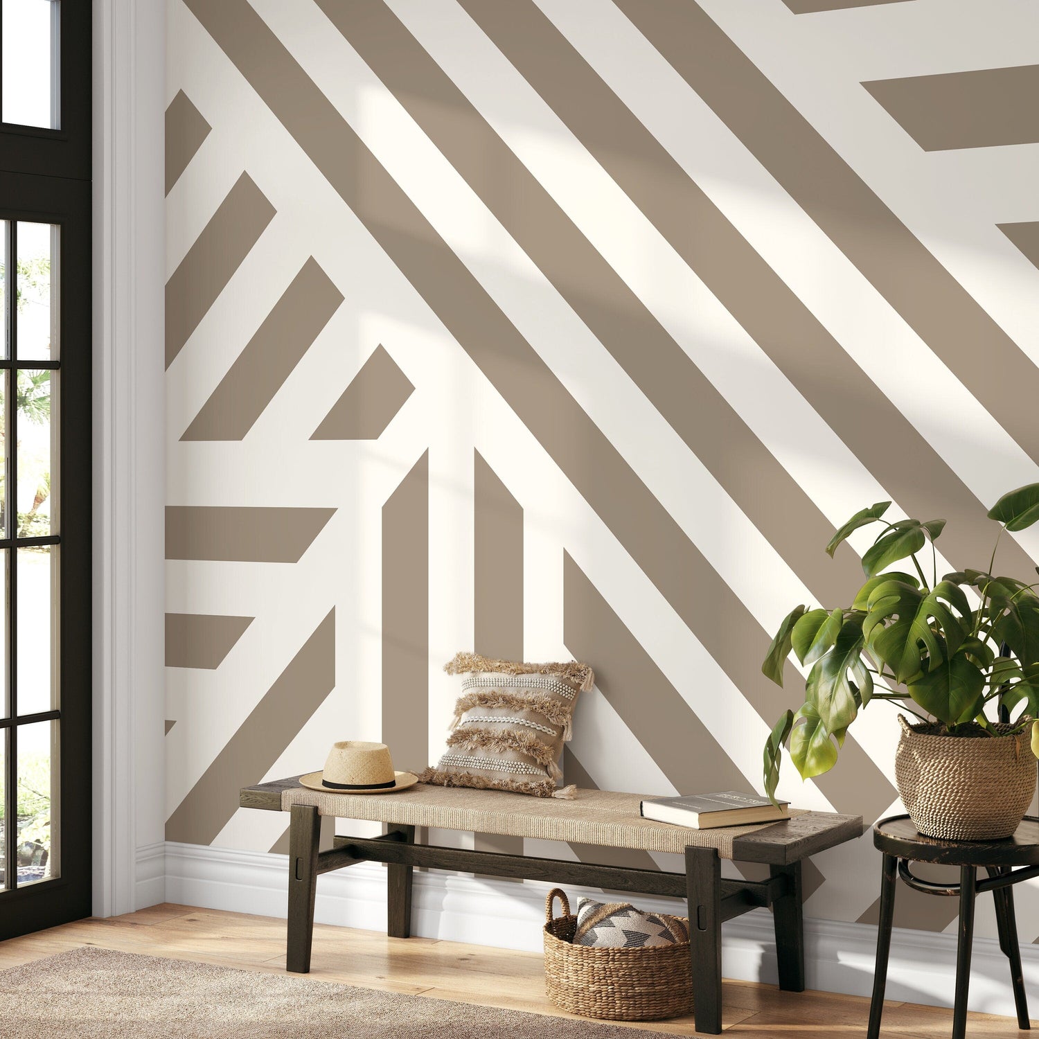 Beige Geometric Wallpaper Modern Striped Wallpaper Peel and Stick and Traditional Wallpaper - D734