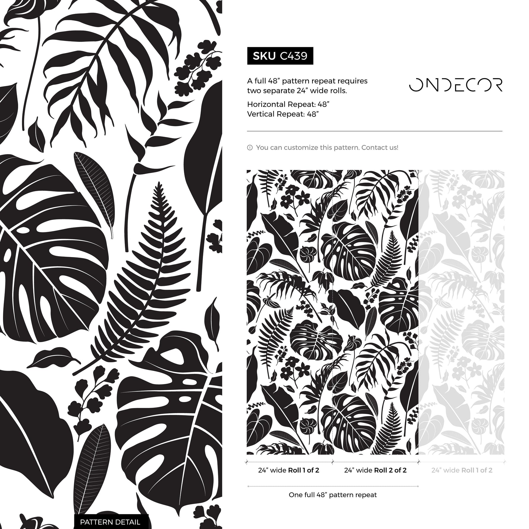 Wallpaper Peel and Stick Wallpaper Removable Wallpaper Home Decor Wall Art Wall Decor Room Decor / Black and White Leaves Wallpaper - C439