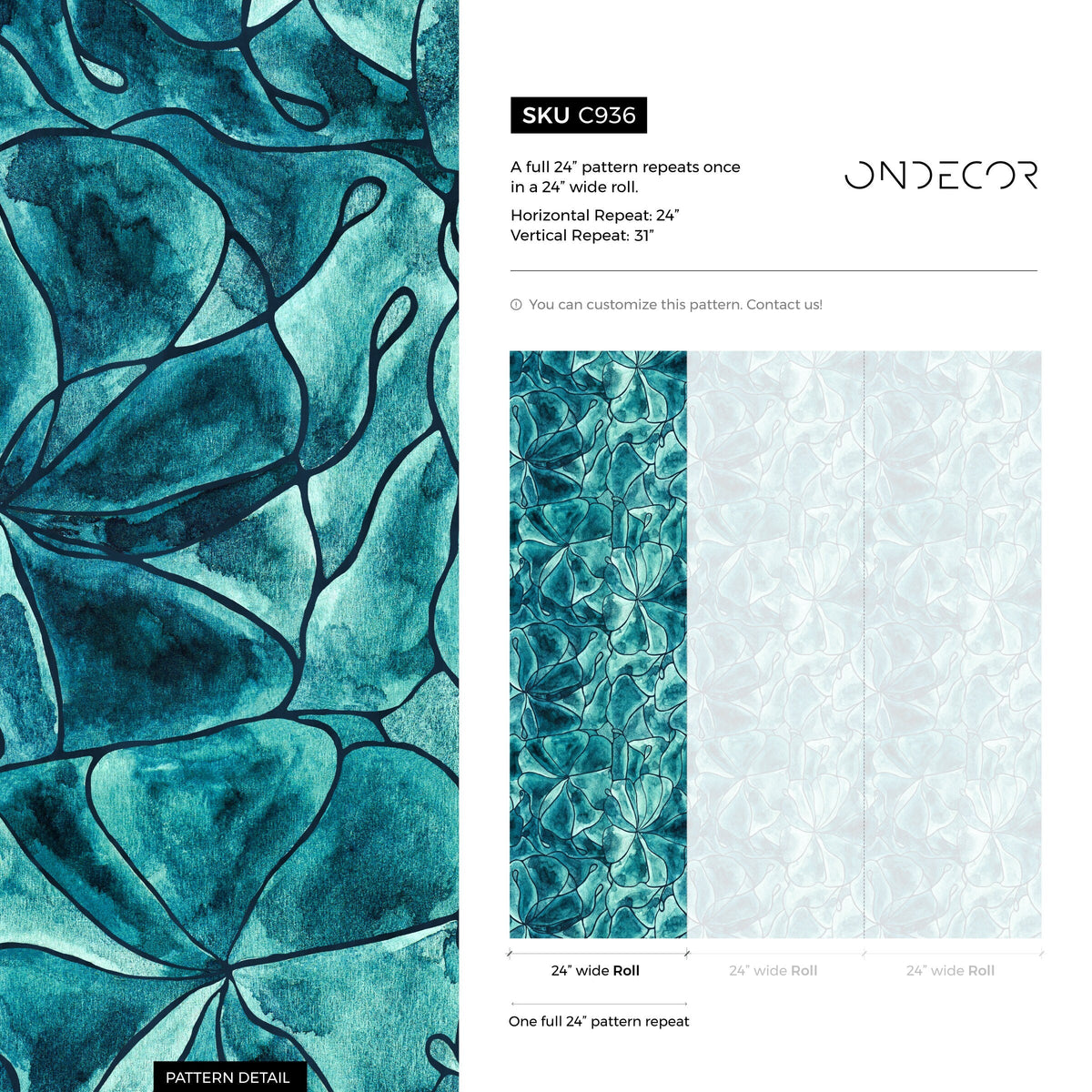 Turquoise Abstract Floral Wallpaper / Peel and Stick Wallpaper Removable Wallpaper Home Decor Wall Art Wall Decor Room Decor -C936