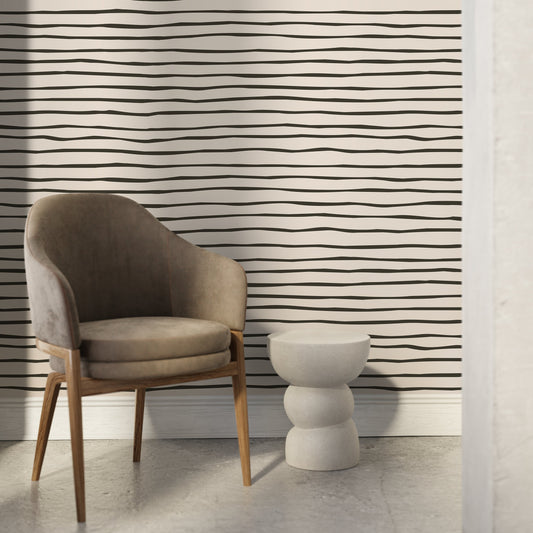 Black and Beige Striped Wallpaper Modern Waves Wallpaper Peel and Stick and Traditional Wallpaper - D777