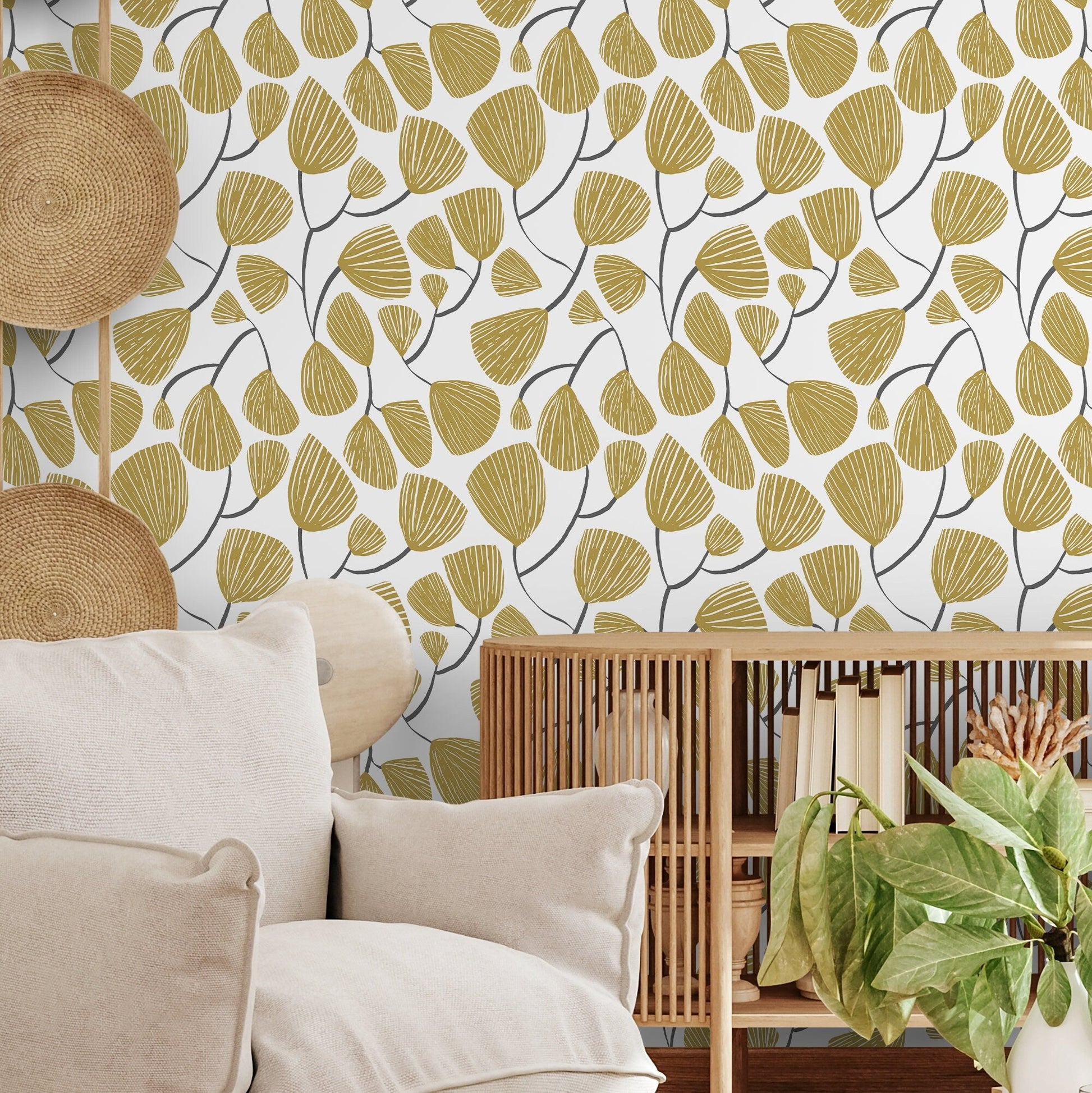 Yellow Floral Wallpaper / Wallpaper Peel and Stick Wallpaper Removable Wallpaper Home Decor Wall Art Wall Decor Room Decor - C631