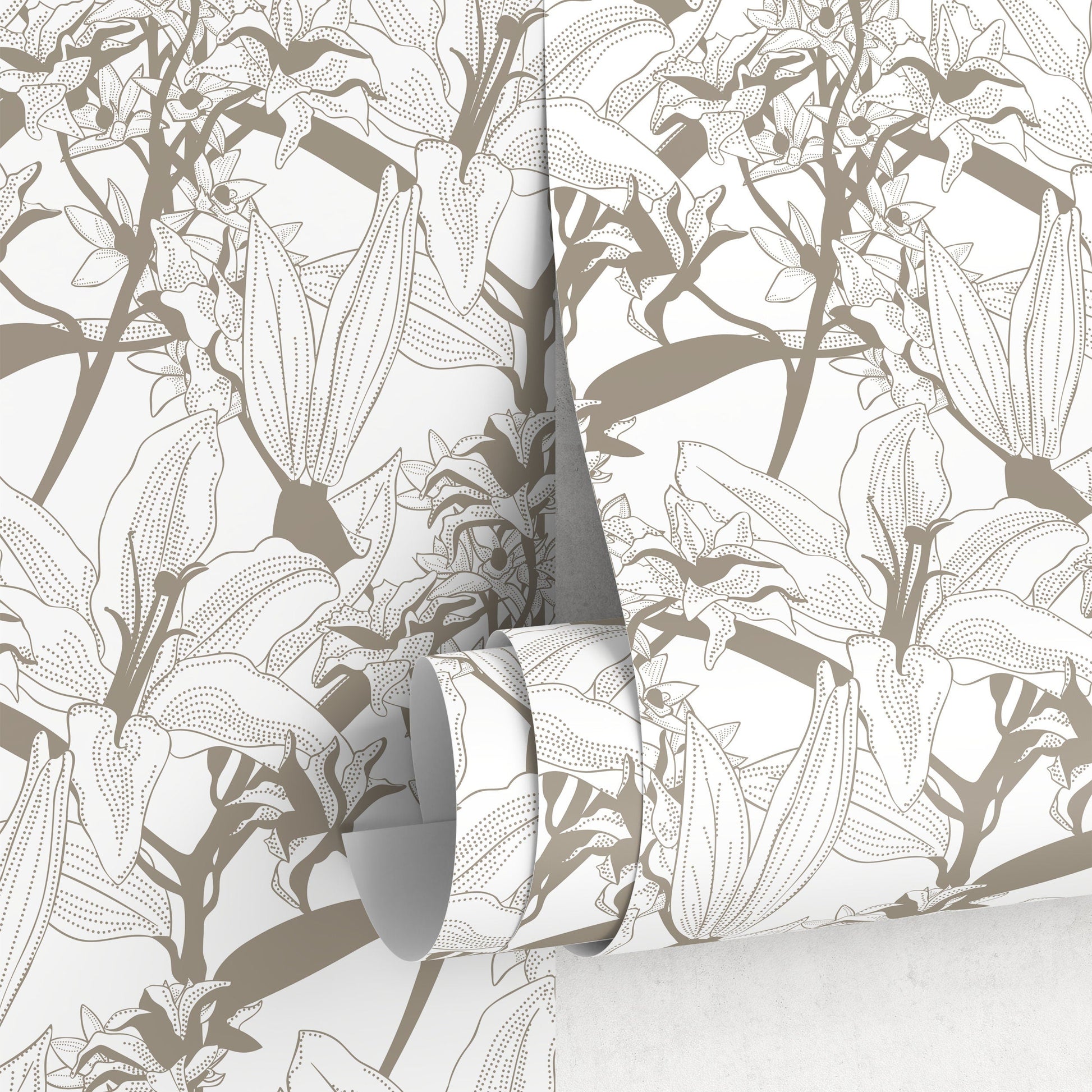Brown Lily Floral Wallpaper / Wallpaper Peel and Stick Wallpaper Removable Wallpaper Home Decor Wall Art Wall Decor Room Decor - C777