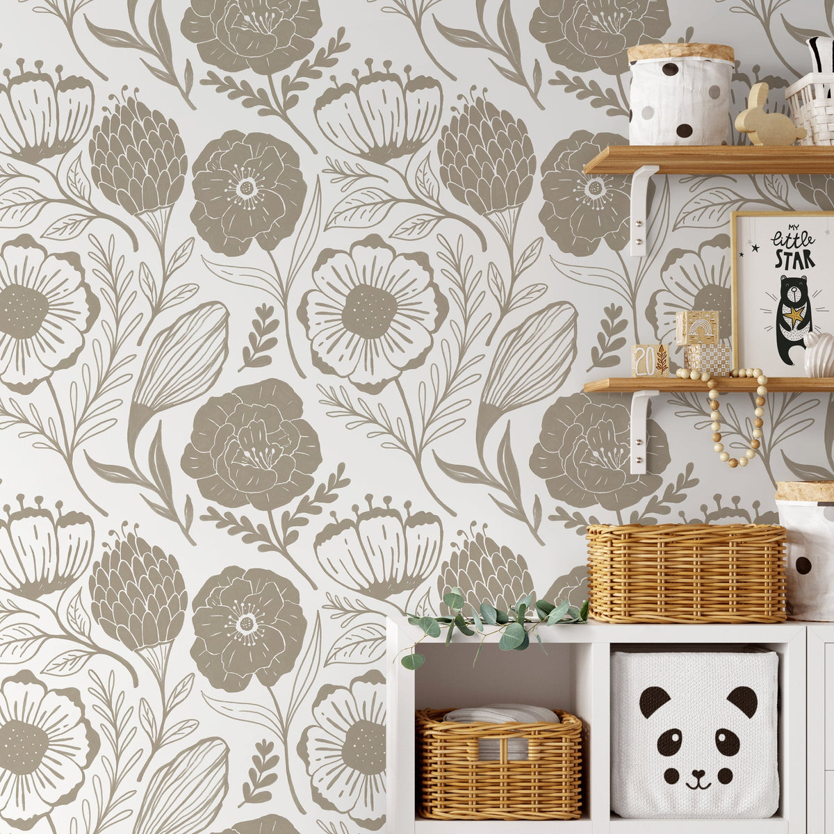 Beige Floral Garden Boho Wallpaper / Wallpaper Peel and Stick Wallpaper Removable Wallpaper Home Decor Wall Art Wall Decor Room Decor - C948