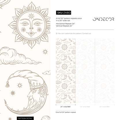 Mystique and Celestial Wallpaper Removable Peel and Stick Wallpaper, Peel and Stick Wallpaper Neutral Moon and Sun - ZABD
