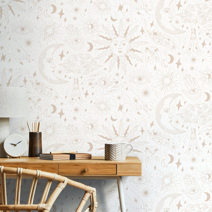 Astral Pray Wallpaper Removable Peel and Stick, Modern Neutral Boho Hands Sun Moon Print Repositionable Peel and Stick Wallpaper - ZABK