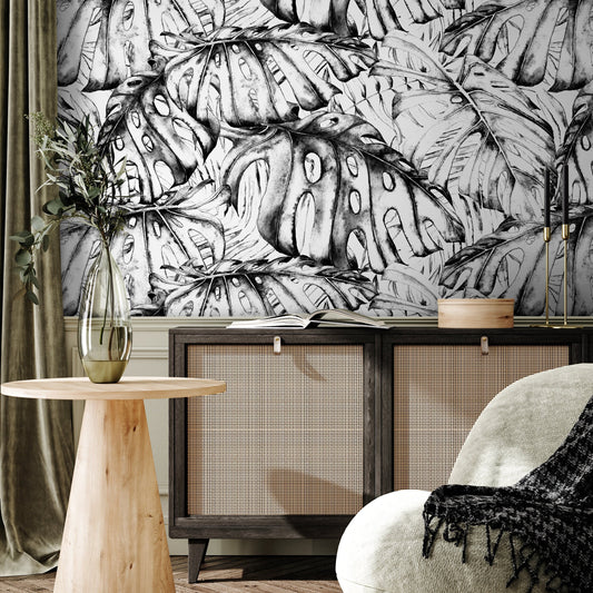 Aesthetic Monstera Wallpaper Removable Wallpaper Home Decor Wall Art Room Decor / Black and White Leaves Wallpaper - B778