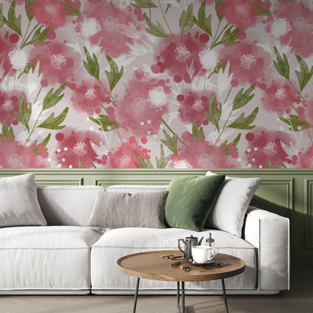 Peel and Stick Wallpaper Removable Wallpaper Wall Decor Home Decor Wall Art Printable Wall Art Room / Floral Watercolor Pink Wallpaper -X129