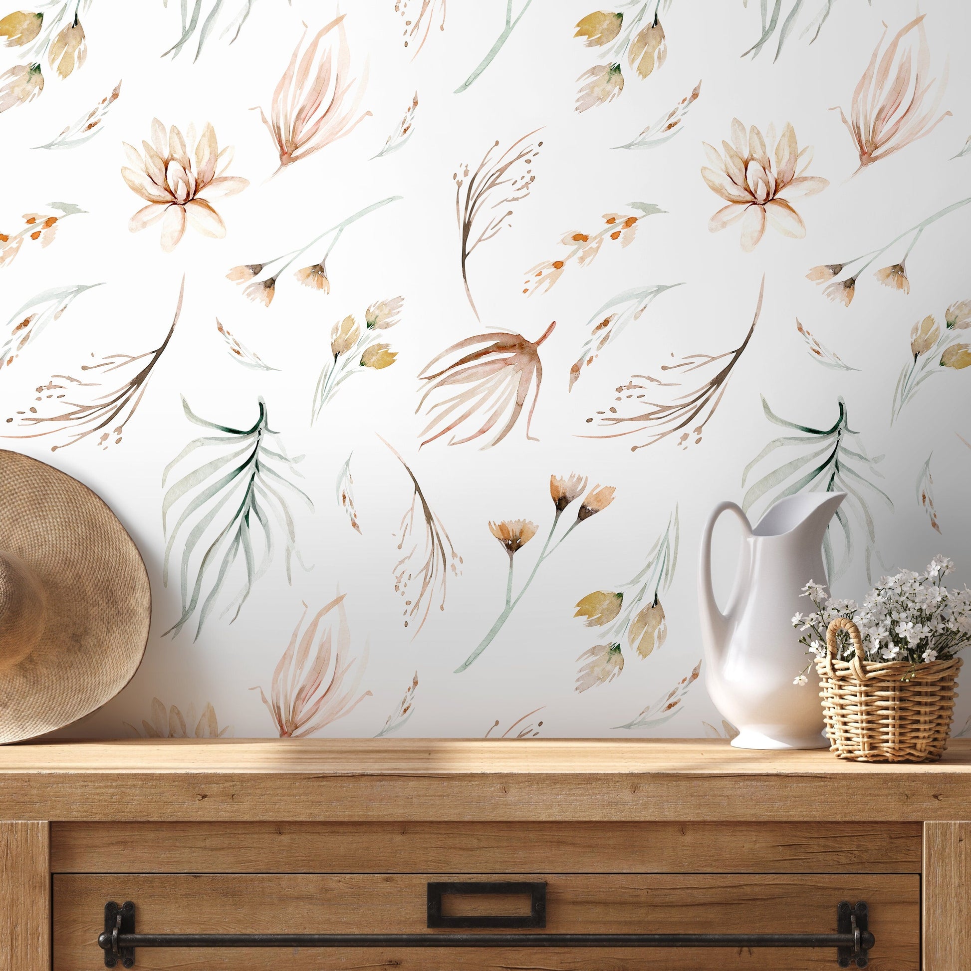 Wallpaper Removable Wallpaper Peel and Stick Wallpaper Wall Paper Wall - Watercolor Flowers - Watercolor Leaves - B519