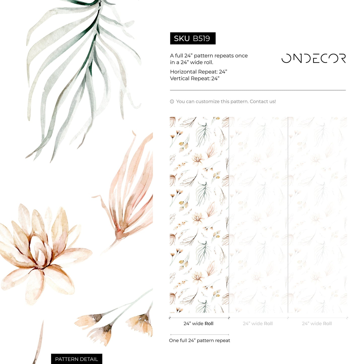 Wallpaper Removable Wallpaper Peel and Stick Wallpaper Wall Paper Wall - Watercolor Flowers - Watercolor Leaves - B519