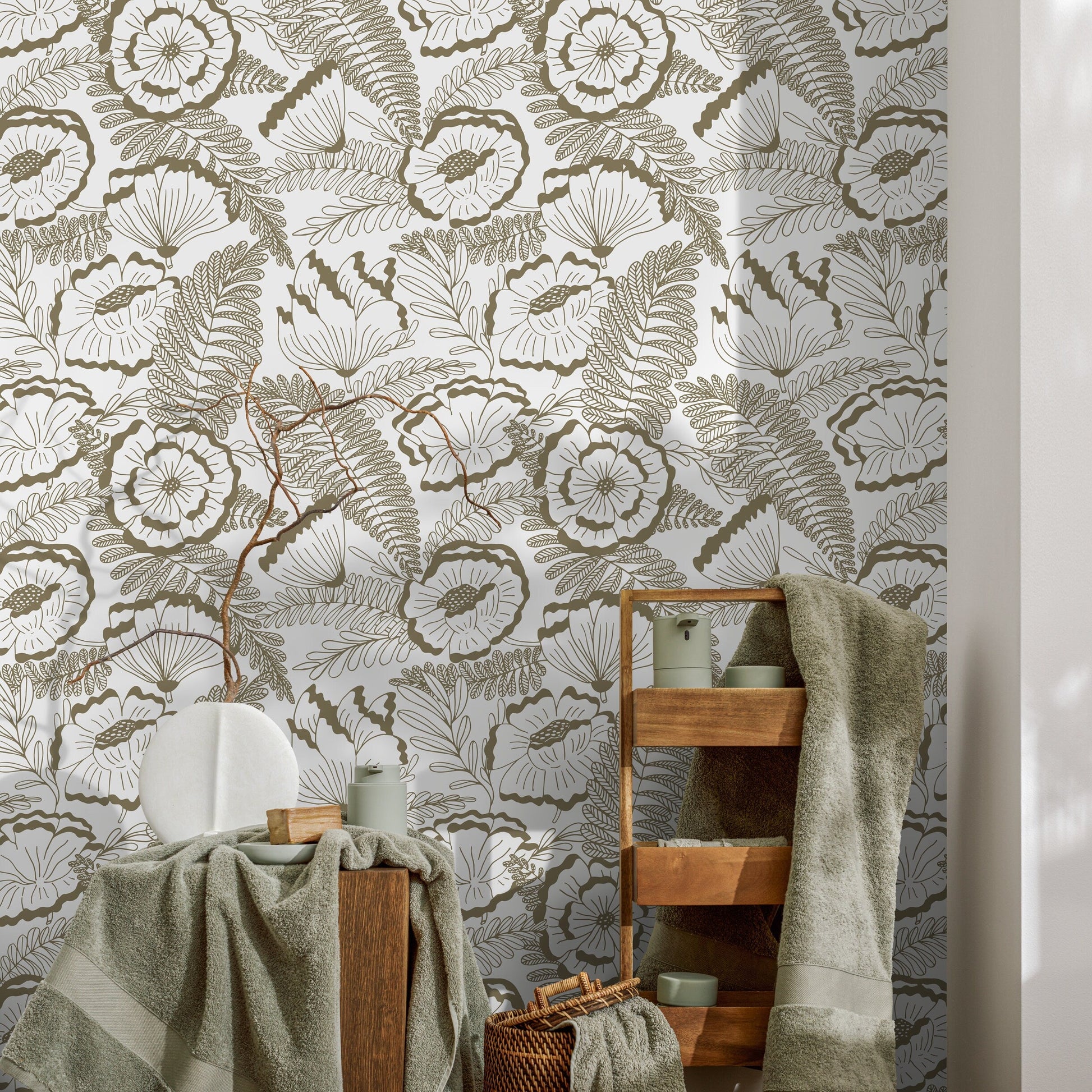 Beige Boho Flower Wallpaper / Peel and Stick Wallpaper Removable Wallpaper Home Decor Wall Art Wall Decor Room Decor - C849