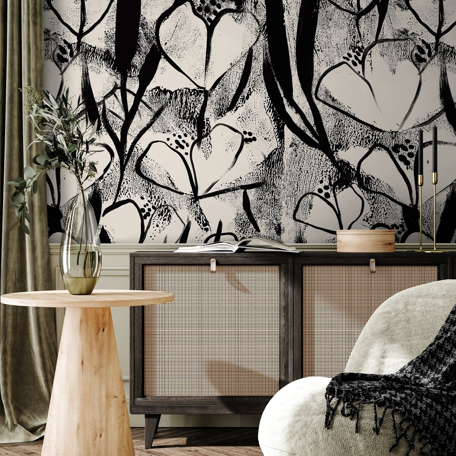 Wallpaper Peel and Stick Wallpaper Removable Wallpaper Home Decor Wall Art Wall Decor Room Decor / Black and Beige Floral Wallpaper - X192