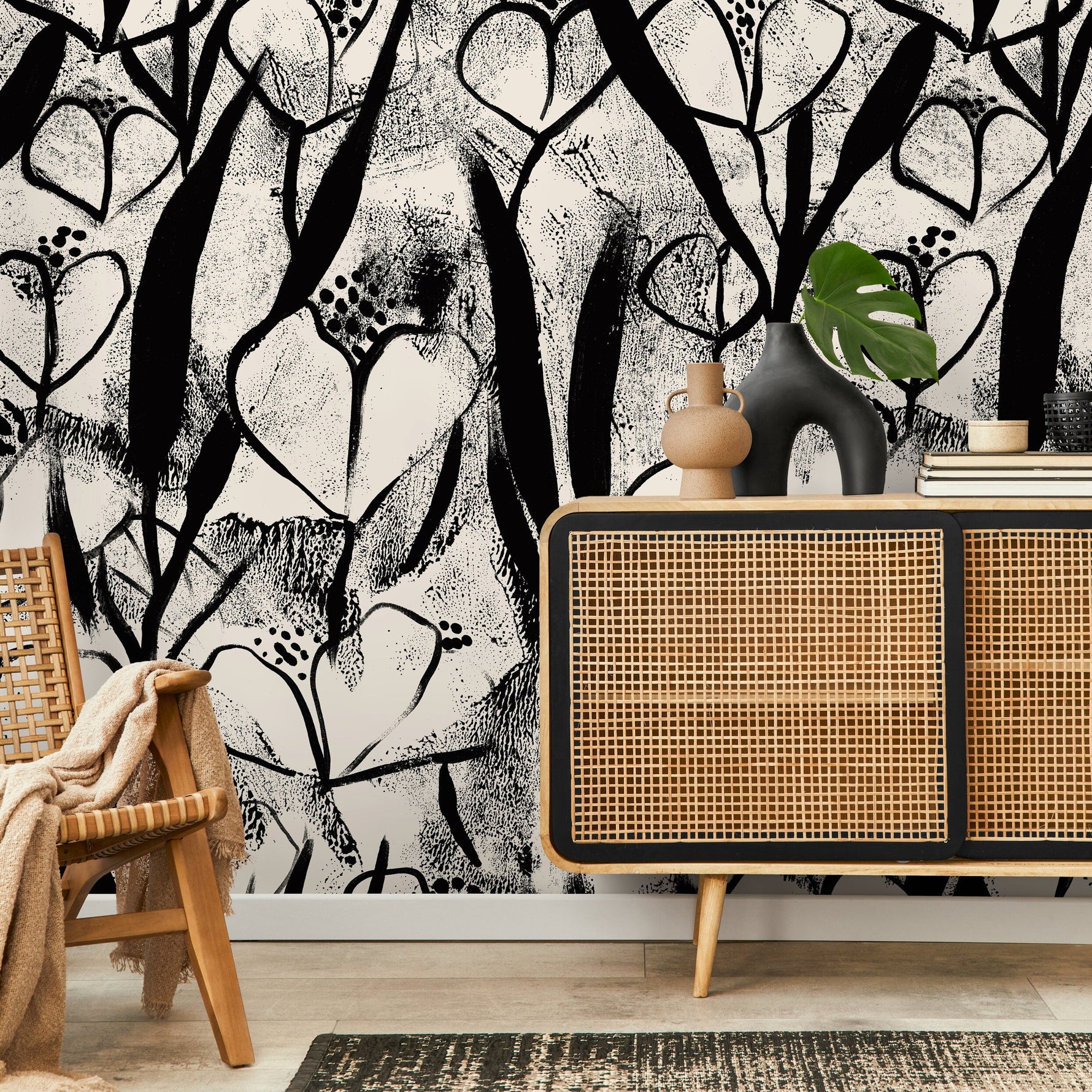Wallpaper Peel and Stick Wallpaper Removable Wallpaper Home Decor Wall Art Wall Decor Room Decor / Black and Beige Floral Wallpaper - X192