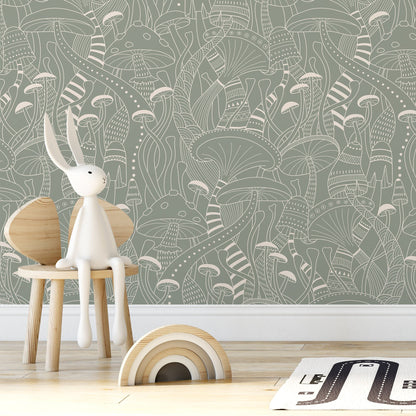 Sage Green Mushroom Wallpaper Modern Peel and Stick and Traditional Wallpaper - D810