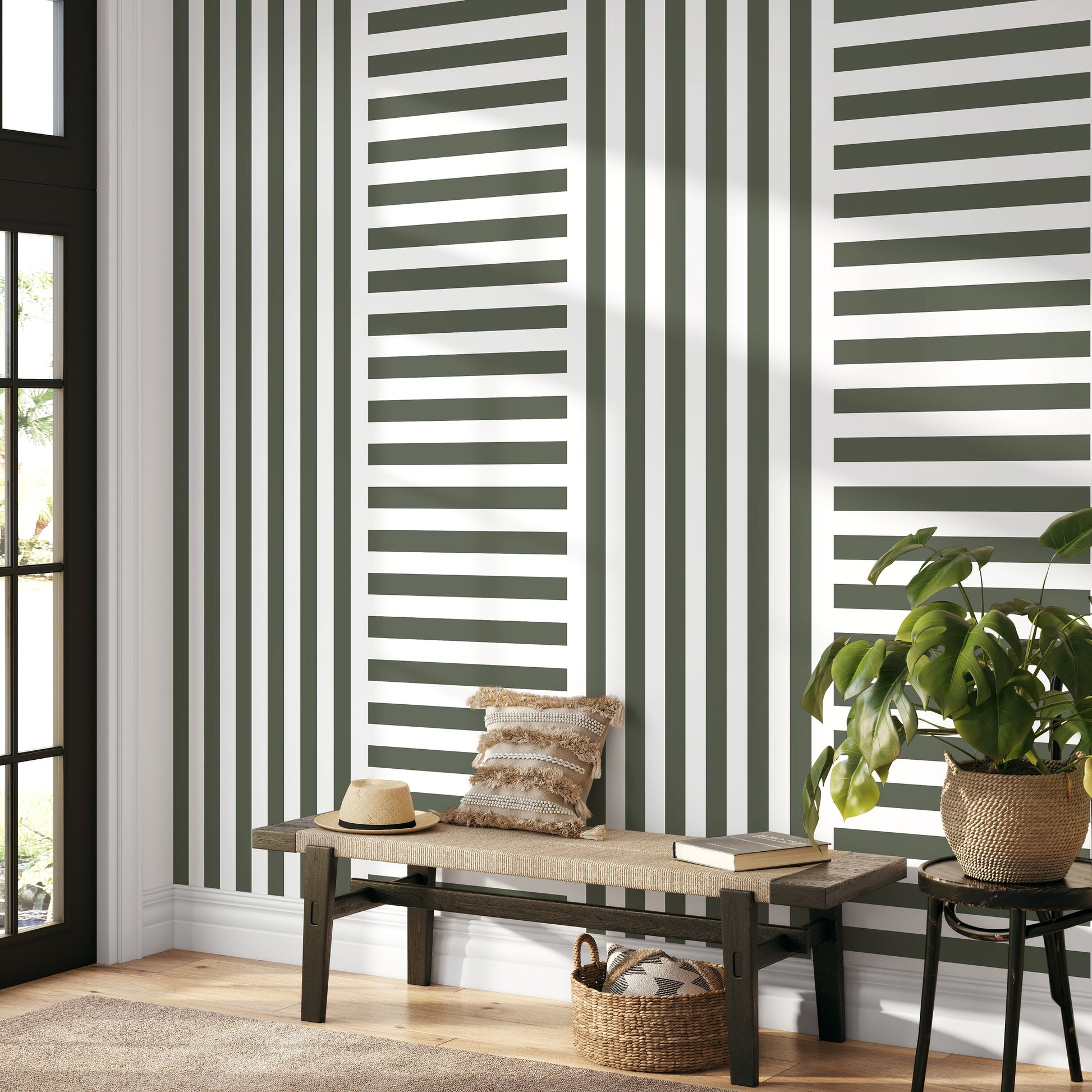 Olive Green Striped Wallpaper Modern Geometric Wallpaper Peel and Stick and Traditional Wallpaper - D735