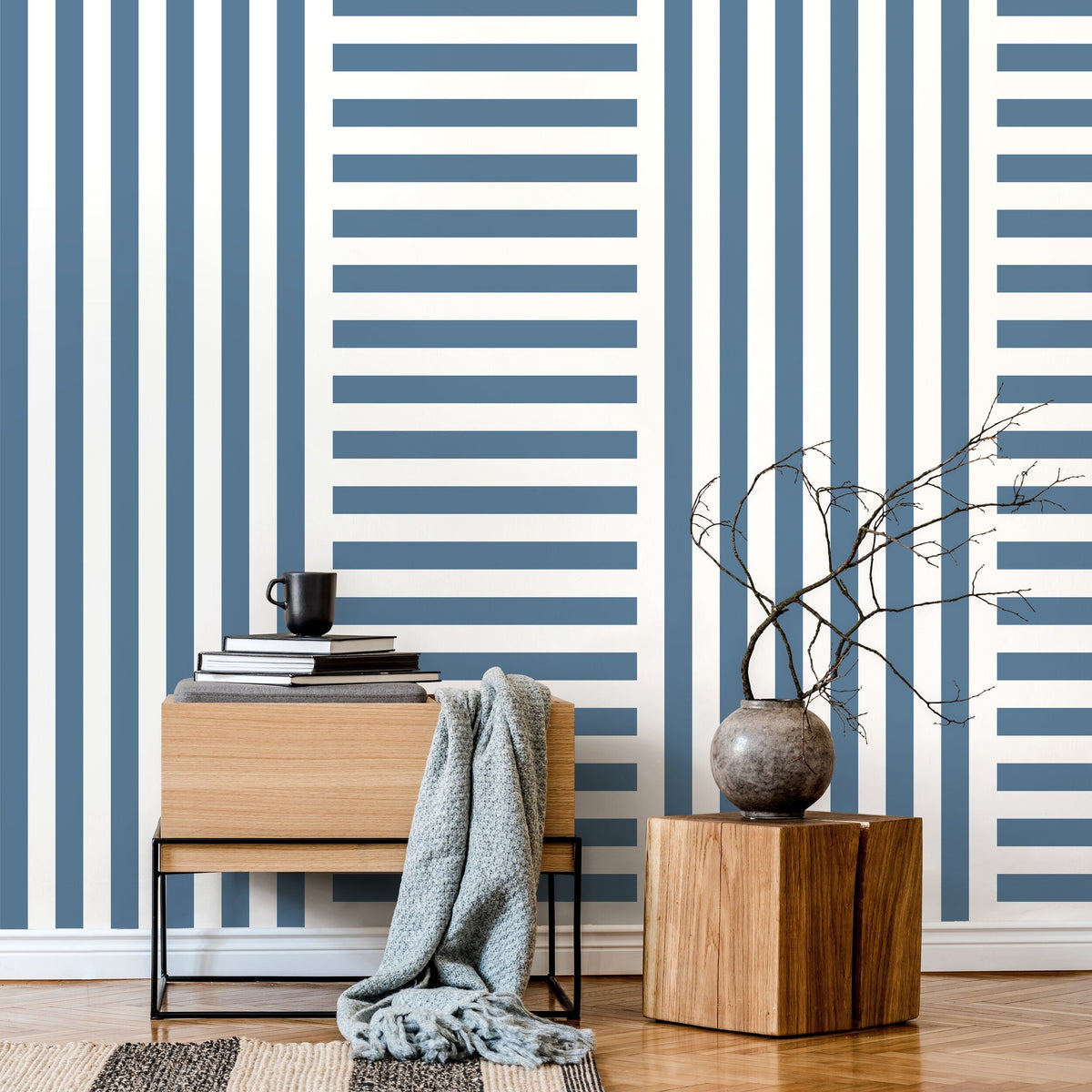 Blue Striped Wallpaper Modern Geometric Wallpaper Peel and Stick and Traditional Wallpaper - D738