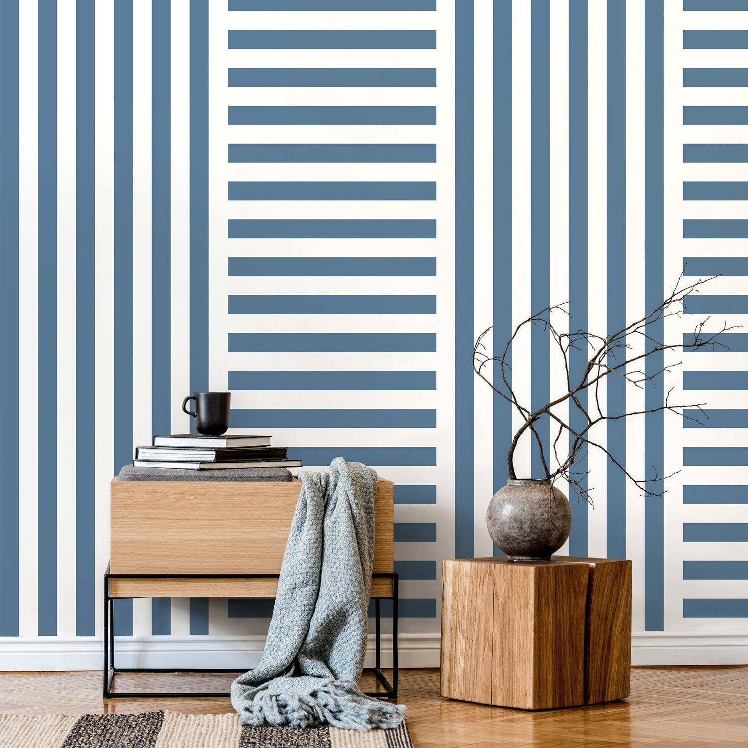 Blue Striped Wallpaper Modern Geometric Wallpaper Peel and Stick and Traditional Wallpaper - D738