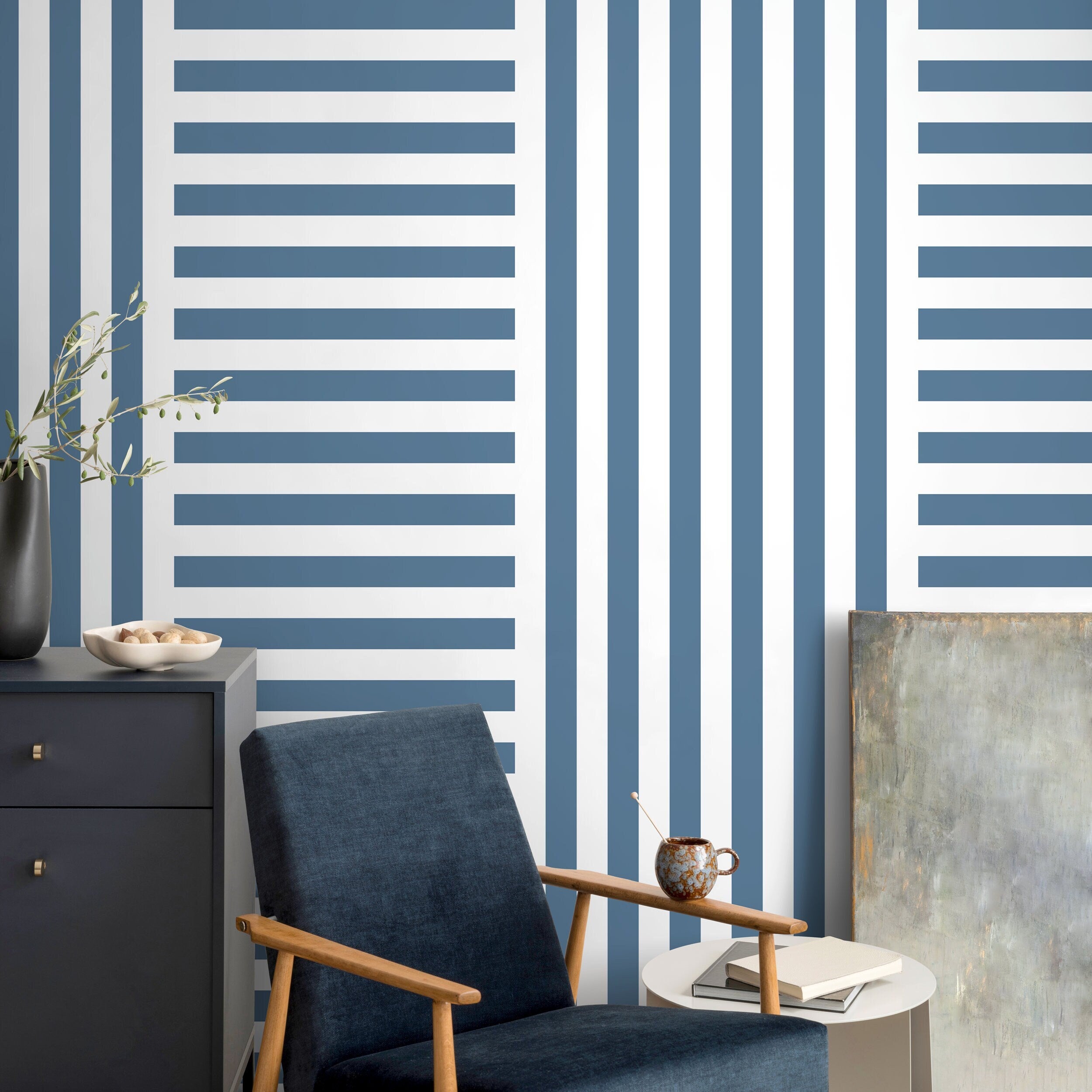 Blue Striped Wallpaper Modern Geometric Wallpaper Peel and Stick and Traditional Wallpaper - D738