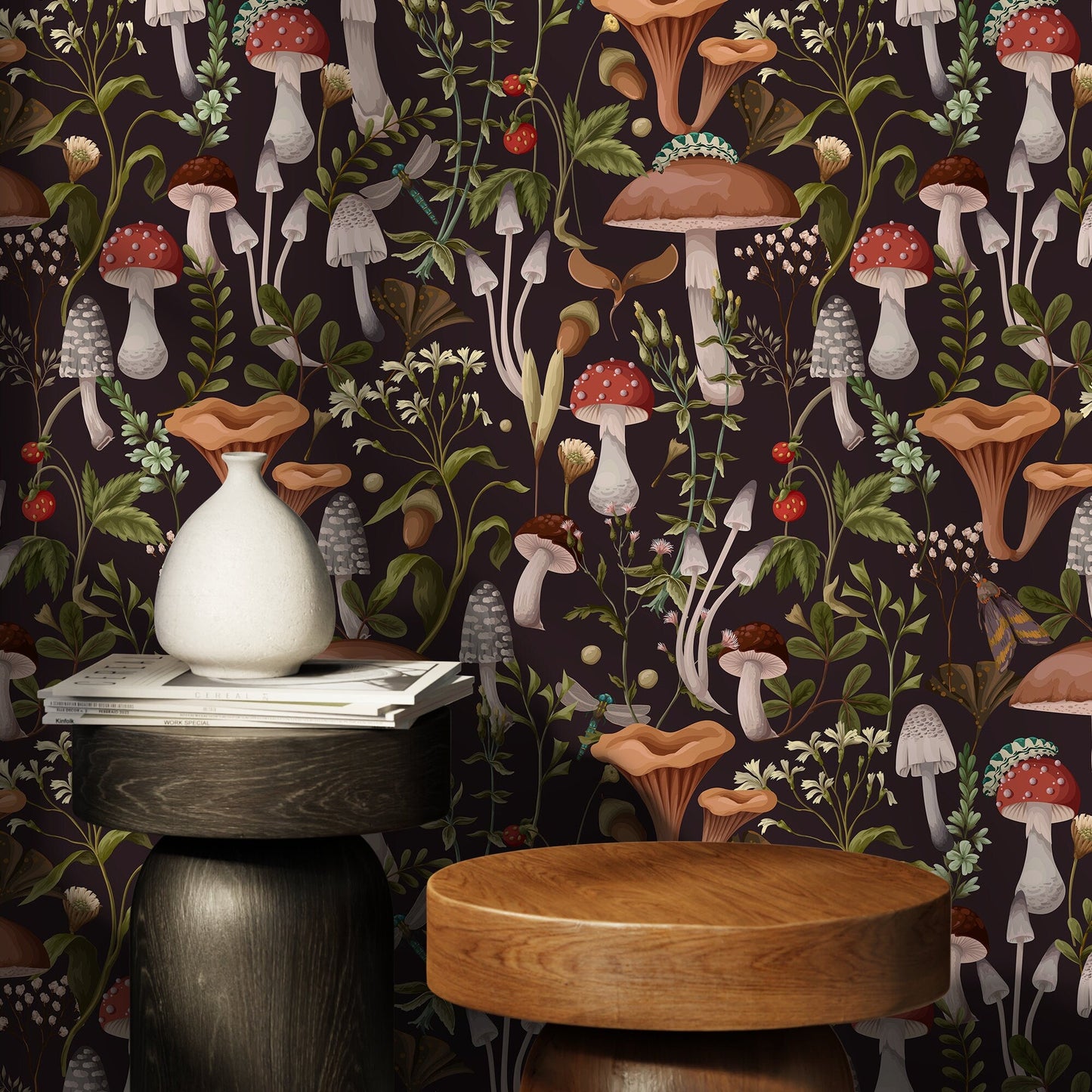 Botanical Mushroom Wallpaper Dark Floral Wallpaper Peel and Stick and Traditional Wallpaper - D816